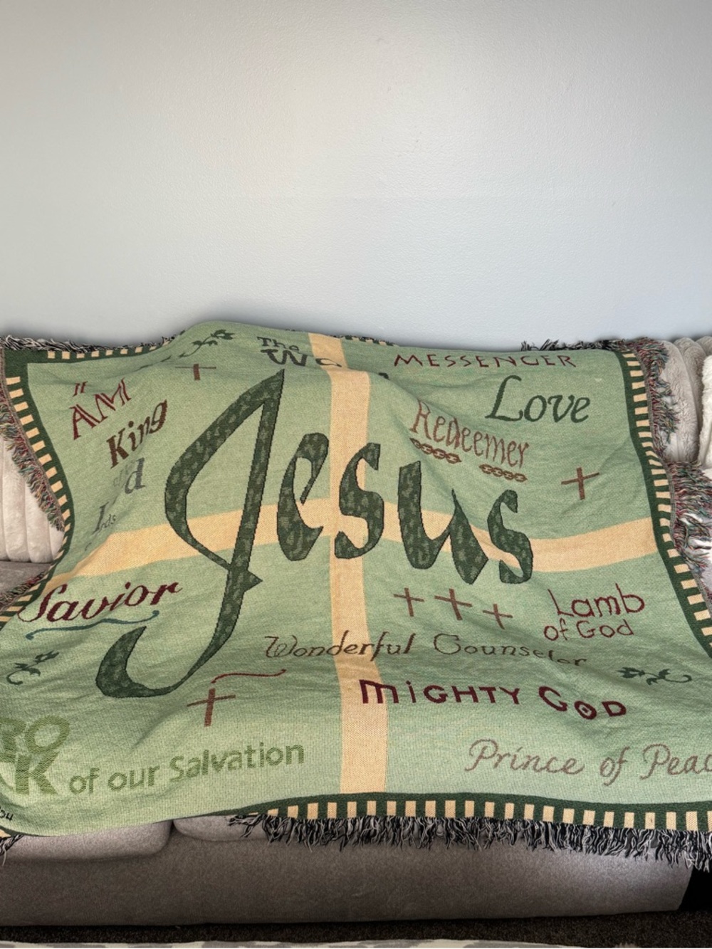 Green Tan Woven Fringe Tapestry Throw with Jesus wording